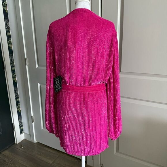 NWT Retrofete Sequins Beaded Gabrielle Robe Wrap Dress in Hot Pink Size M - Picture 7 of 10
